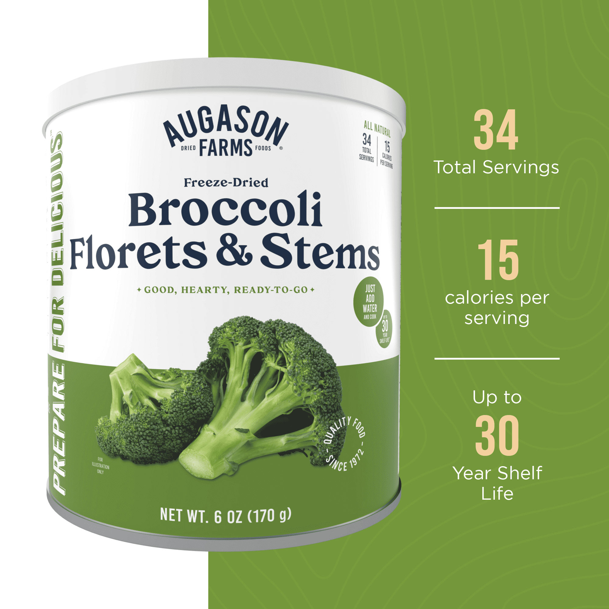 Augason Farms Freeze Dried Broccoli Florets and Stems Can, Emergency Food Supply, Everyday Meals, 34 Servings