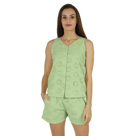 

Bimba Solid Schiffli Top And Short Nightwear Set For Womens Casual 2pcs Sexy Lounge Sleepwear