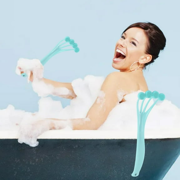 Lksixu Silicone Back Scrubber for Shower, 4 Massage Heads Soft Bath Brush with Long Handle, Ergonomic Design Exfoliating and Massage Shower Brush Fine Bristles with Rich Foam for Men and Women