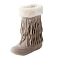 thumbnail image 2 of Wavsuf Winter Boots for Women Wide Flock Round Toe Fringes with Fuzz Mid Calf Flat Beige Shoes Size 38, 2 of 5