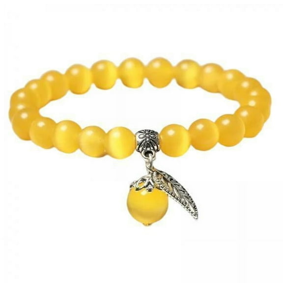 Milageto 2xNatural Gemstone Bracelet Crystal Round Beads Cats Eye Stone Yellow