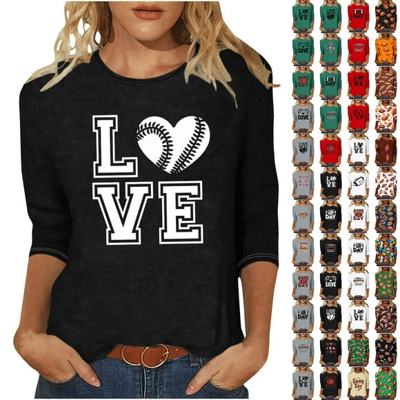 QATAINLAV 3/4 Length Sleeve Shirt for Women Casual Plus Size Tunic Tops 2025 Game Day Graphic Tees Shirts Loose Fit Crew Neck Pullover Blouse Prime Today Multicolor S