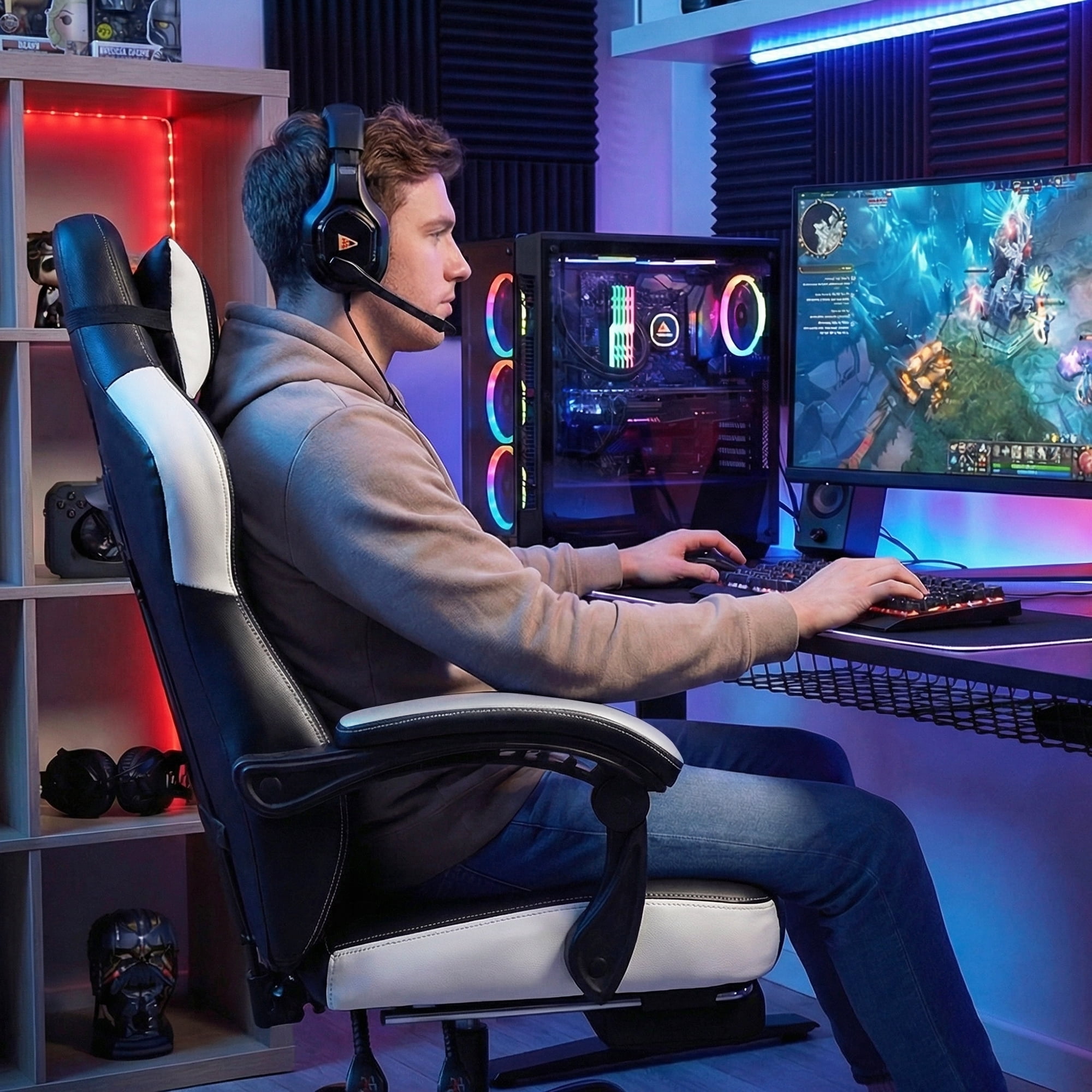 CELTOSS Gaming Chairs with Footrest, Big and Tall Gamer Chair with Headrest and Lumbar Support for adults, White