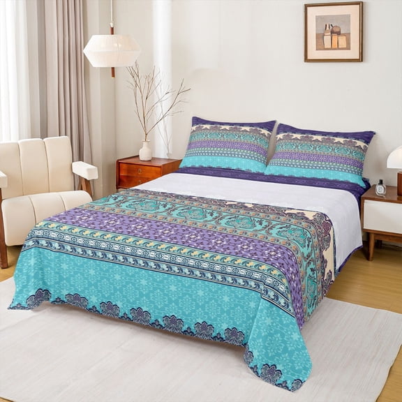 jejeloiu Boho Border Queen Sheets For Men Women,Floral Print Queen Sheet Sets,Purple Teal,4pcs,1 Flat Sheet, 1 Fitted Sheet and 2 Pillowcases