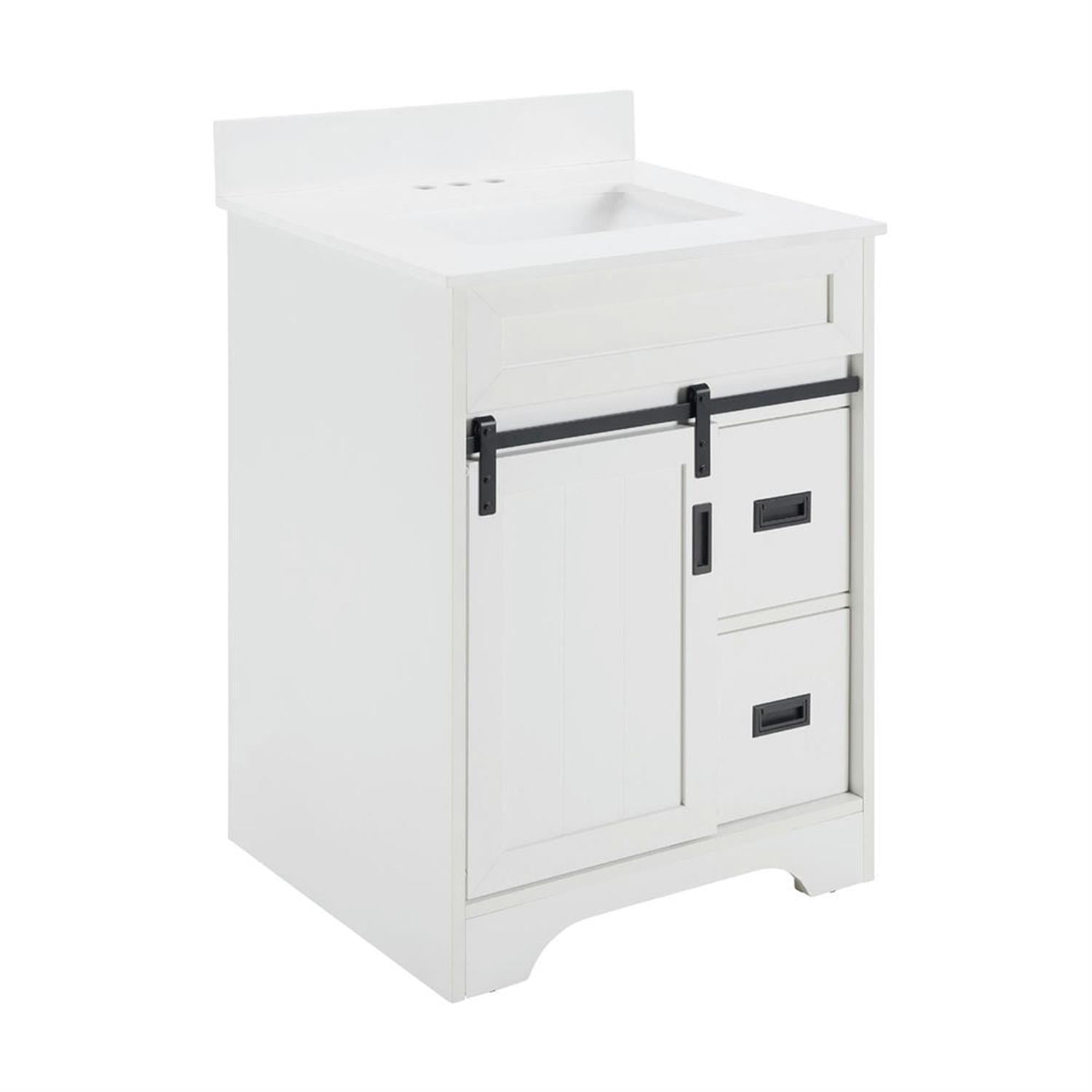 Demi Bonn 24" Freestanding Bathroom Vanity with Single Sink Combo, Farmhouse Undermount Bathroom Vanities Cabinet with Sliding Barn Doors and 2 Drawers, White