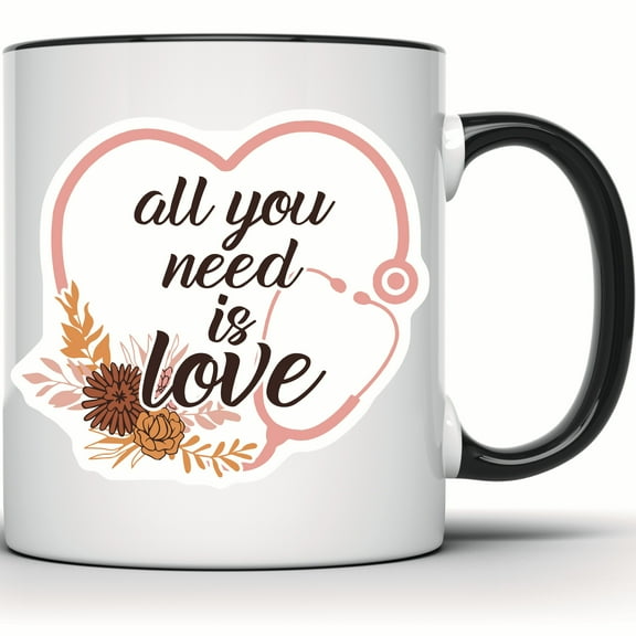 All You Need Is Love Floral Nurse Mug | Heart Stethoscope Medical Mug | Nurse Appreciation Gift | Doctor Mug - 11 Ounce Black Rim Handle Novelty Coffee Cup - WMUG0769-Black Rim