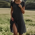 thumbnail image 2 of Umbreon Black Linen Dresses for Women Summer Causal Short Sleeve Midi Dress Cre W Neck Solid Color Fashion Beach Vacation Clothes, 2 of 7