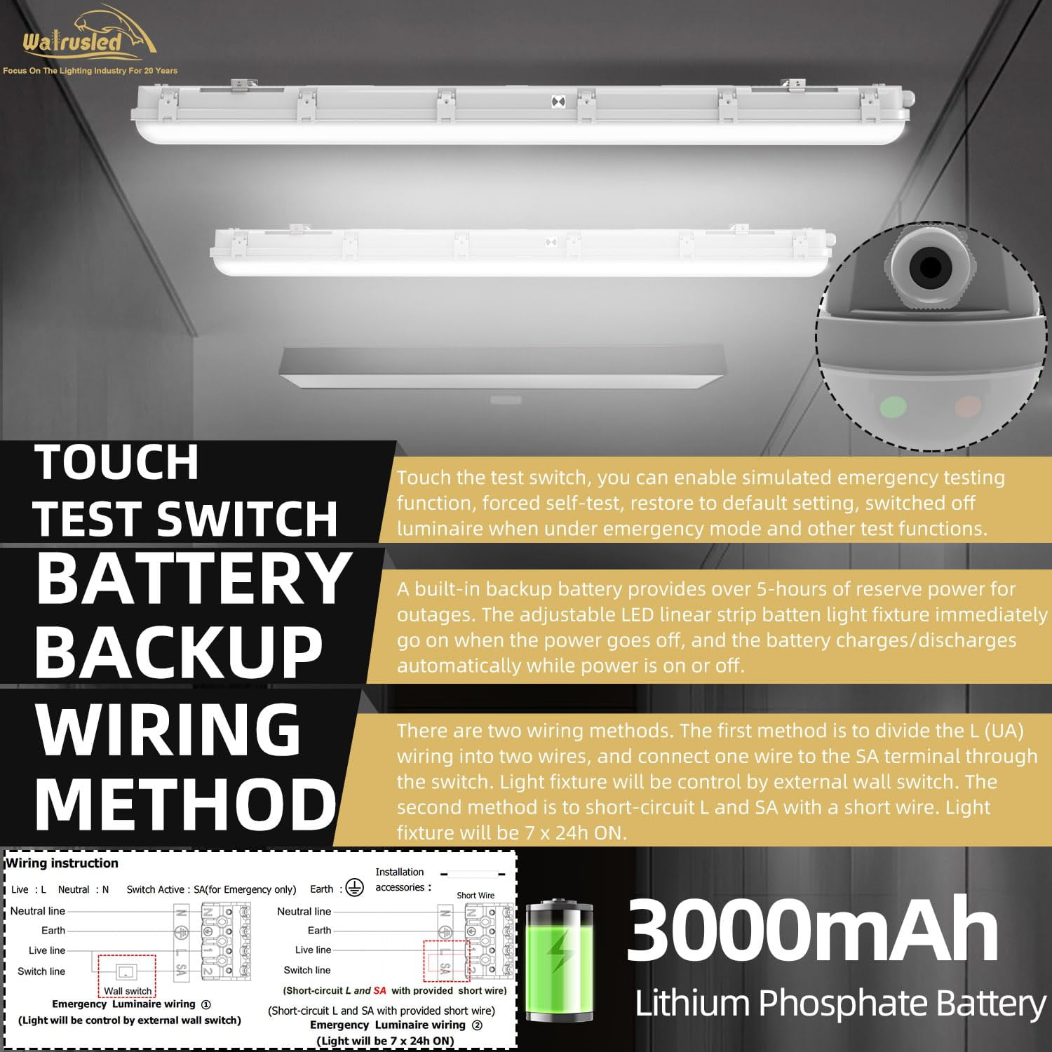 4FT Tri-Level Sensor LED Vapor Tight Emergency Light w/Remote, Battery Backup IP65 40W 5000lm Waterproof LED Outdoor Shop Light, 5000K, 100-277V, 0-10V Dimmable 4 Foot Carport Vapor Proof Fixture,FCC
