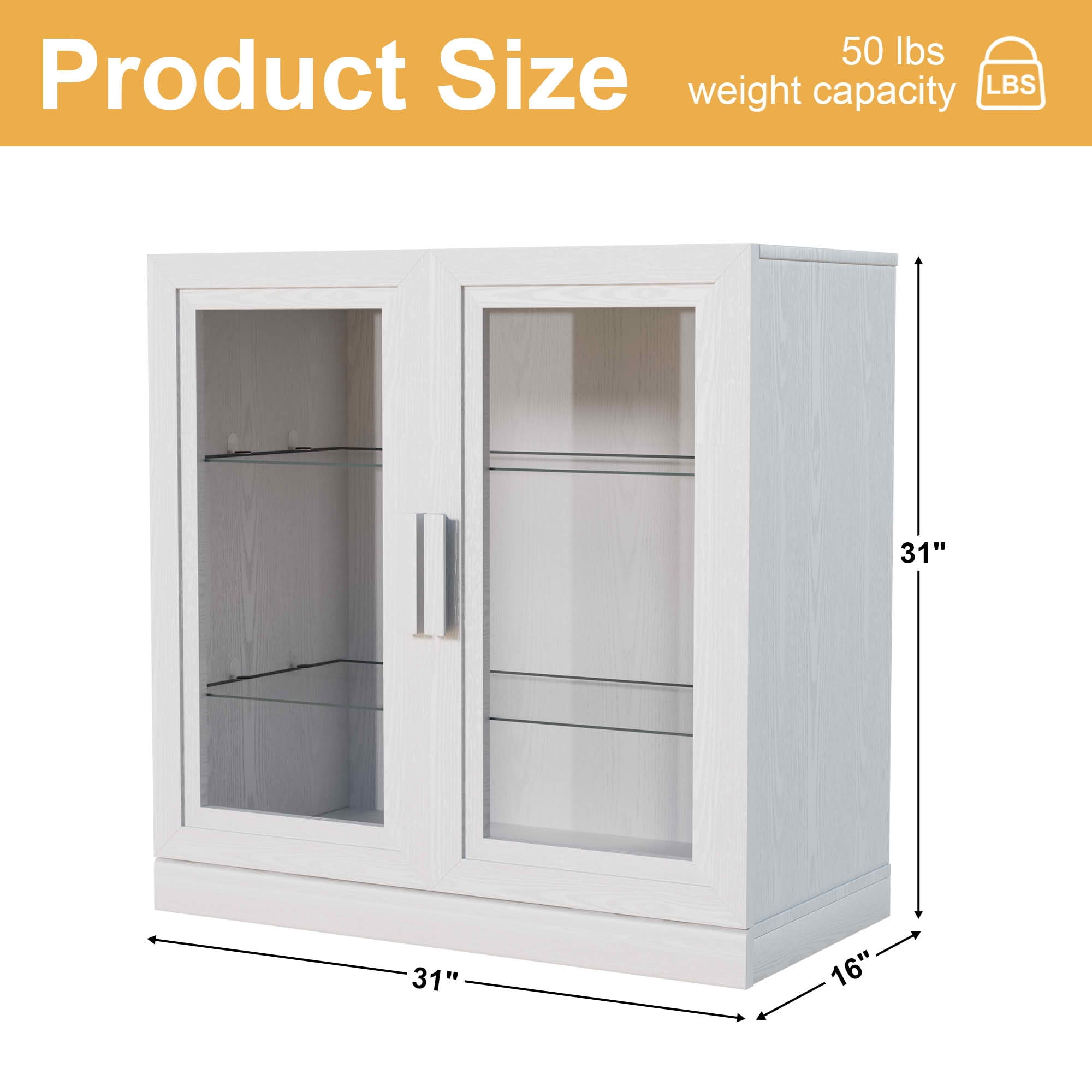 MAYEERTY 31x31x16 Inch White Wood Grain Storage Cabinet with Glass Door for Living Room