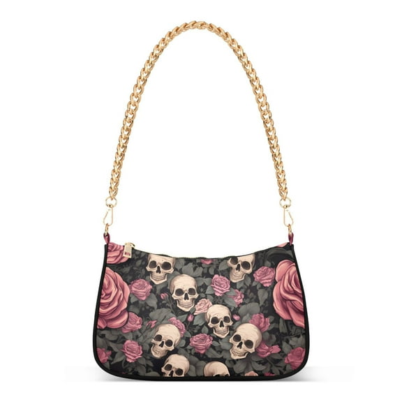 Womens Chain Shoulder Bag Skeleton Roses Flowers Skull Classic Tote Handbags Fashion Clutch Hobo Purse with Zipper for Travel Casual