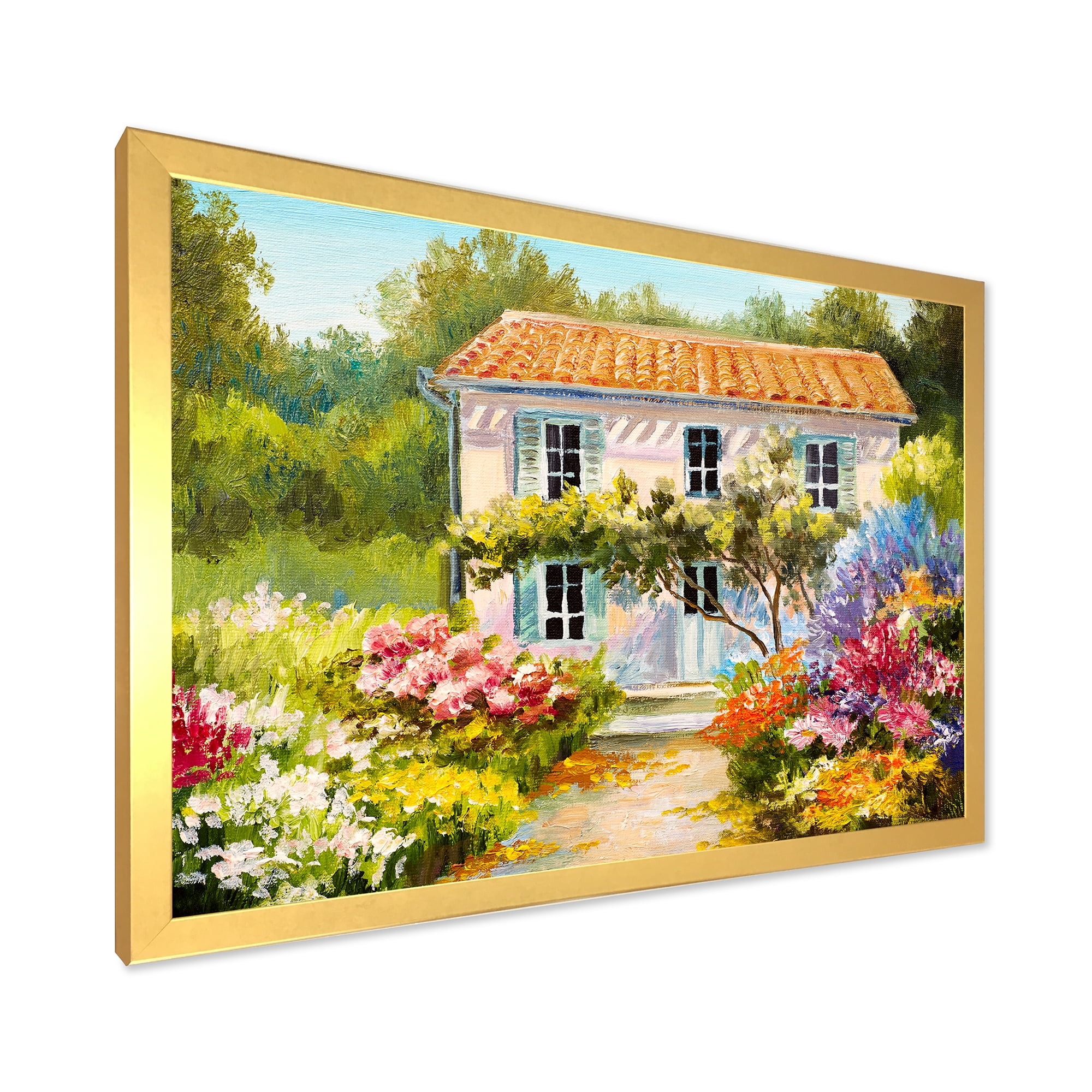 Designart 'The Mountain With Flowers With Little House II' Traditional Framed Art Print