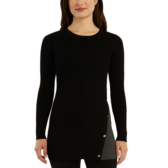 Bcx Juniors’ Colorblocked Ribbed Button-Trim Sweater, Charcoal, Medium