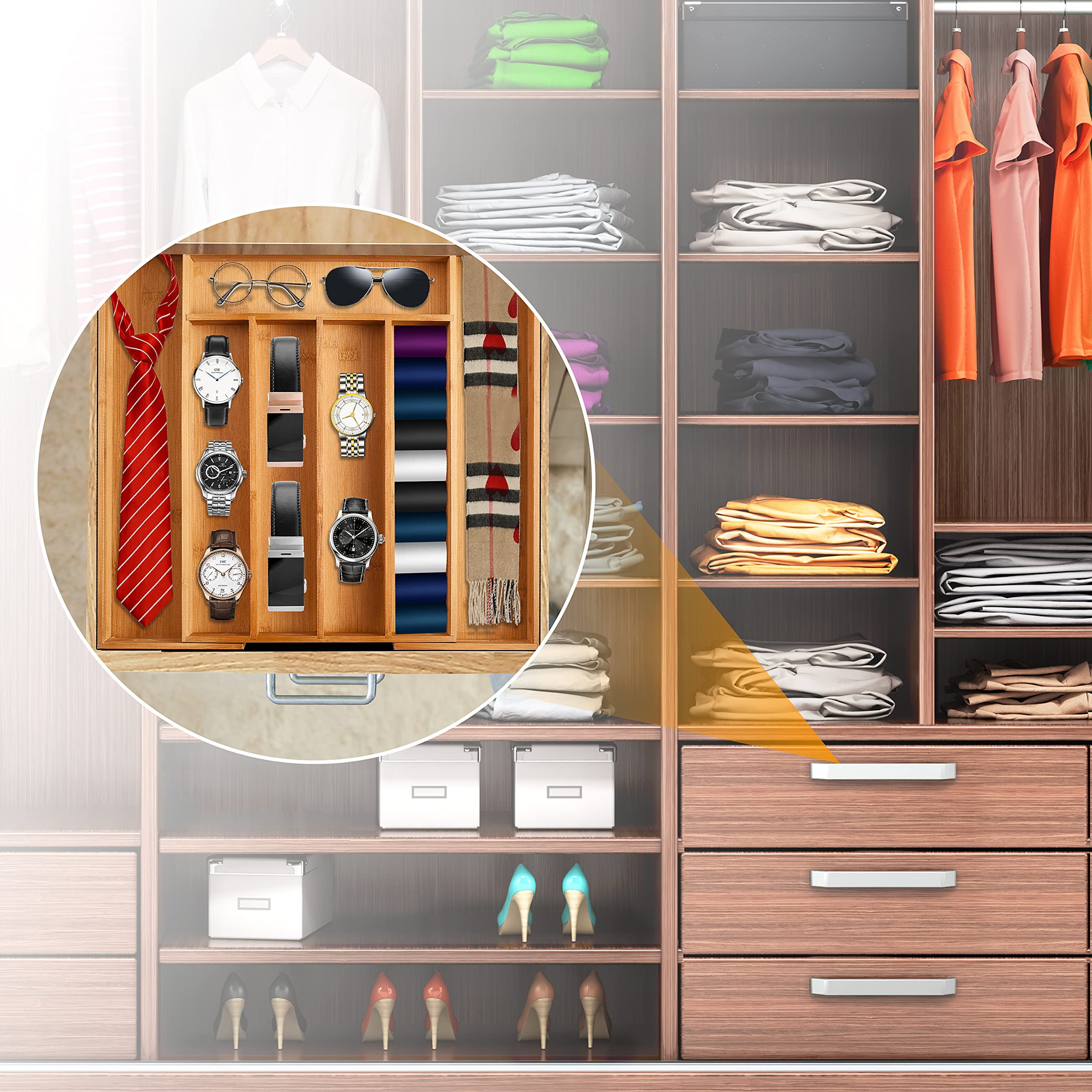 Binsuca Silverware Organizer Kitchen Drawer Organizer Expandable Bamboo Utensil Holder Cutlery Tray for Kitchen Utensil and Flatware Bedroom Office