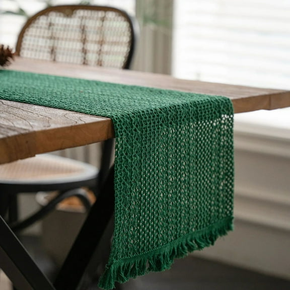 Zhuge Cotton-Linen Blend Table Runner, Solid Color Spliced Design - Woven with Tassels, Natural Material Accent for Desktop Decoration & Table Styling (green, 120 * 30cm)