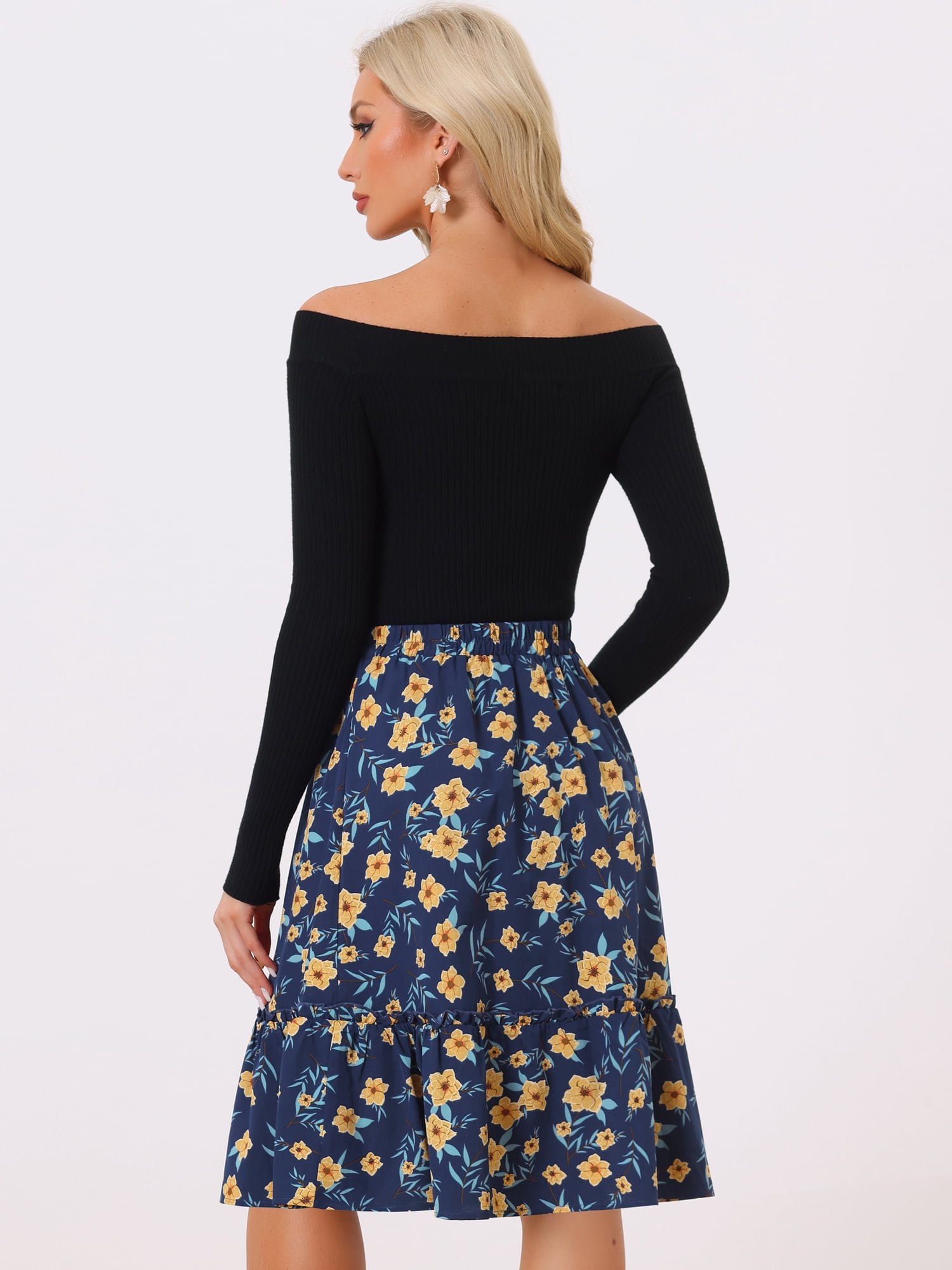 DARING DIVA Women's Flowy Ruffle Hem Tiered Floral Midi Skirt M Dark Blue