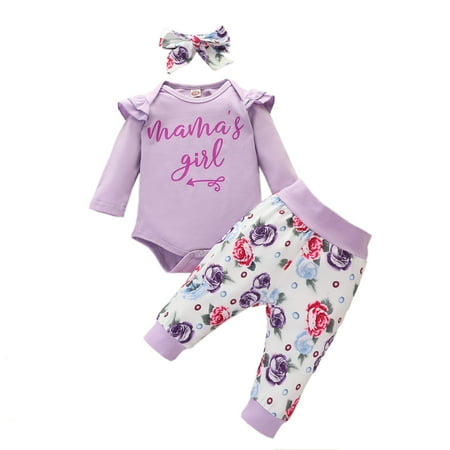 

Canrulo Newborn Baby Girl Ruffle Long Sleeve Mama s Girl Print Romper Floral Leopard Long Pants Headband 3Pcs Outfits Purple 6-12 Months