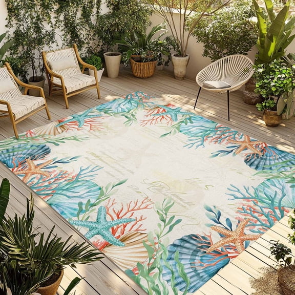 Beige Coastal Outdoor Rug for Patio/Deck/Porch, Non-Slip Large Area Rug 6 x 9 Ft, Summer Nautical Beach Coral Starfish Indoor Outdoor Rugs Washable Area Rugs, Reversible Camping Rug Carpet Runner