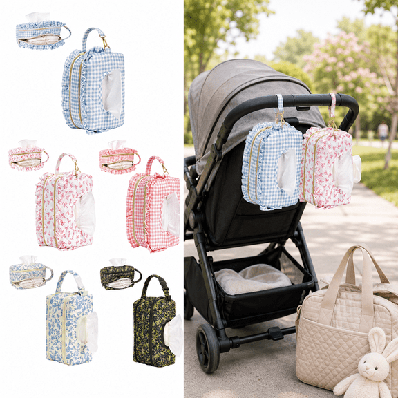 2-in-1 Double-Layer Wipe Holder Quilted Wipes Bag, Quilted Diaper Wipe Pouch with Two Compartments, Floral Wipes Bag with Stroller Strap for Portable Storage and Essentials, A
