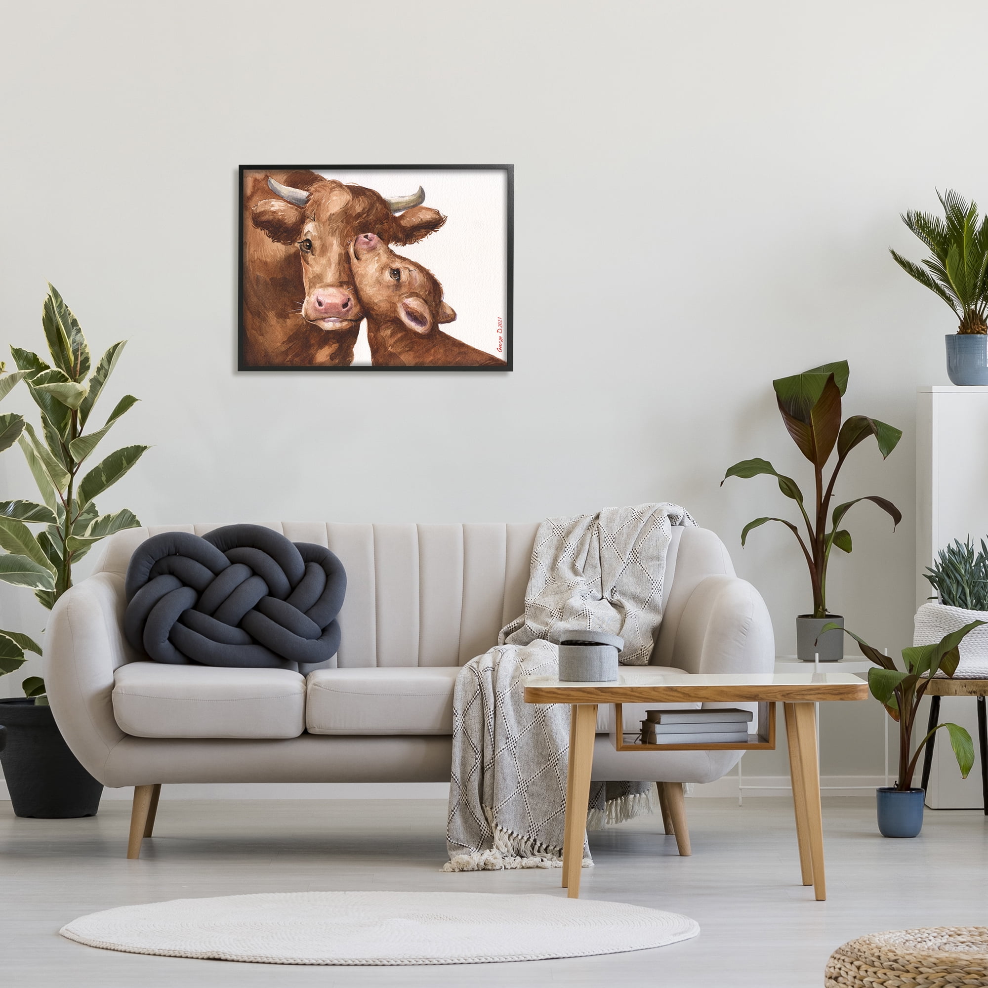 Stupell Industries Compassionate Cattle Mother & Baby Cuddle Rural Farmland Painting Black Framed Art Print Wall Art, Design by George Dyachenko