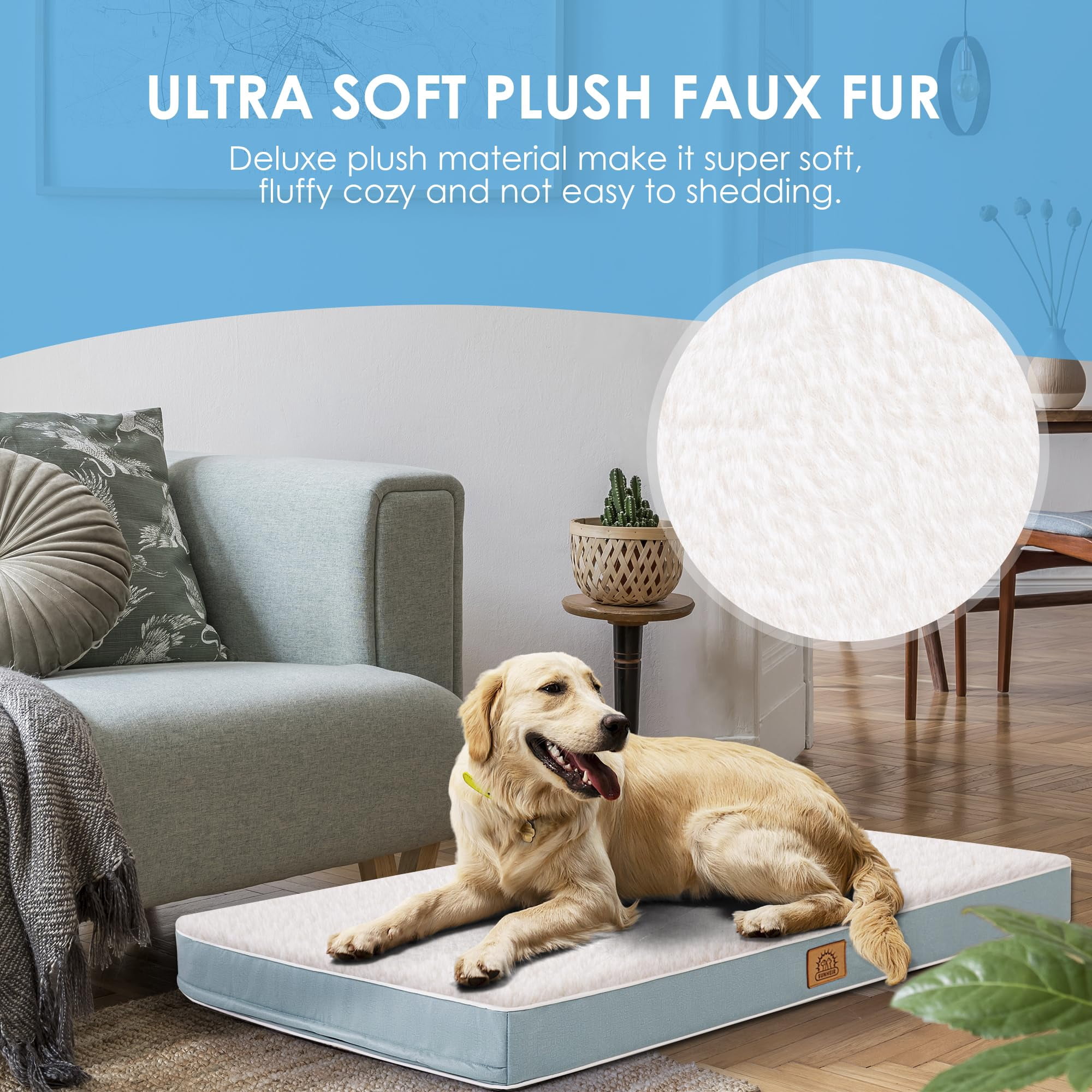 Dog Bed For Large Dogs - Big Waterproof Crate With Removable Washable Cover  Egg Foam Support Anti-slip Bottom Deluxe Plush Pet Mat (blue)