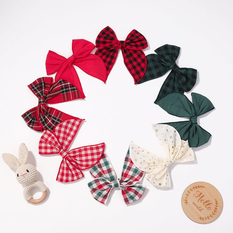 8PCS Large Christmas Fable Hair Bows Cotton Linen Red and  display picture 1