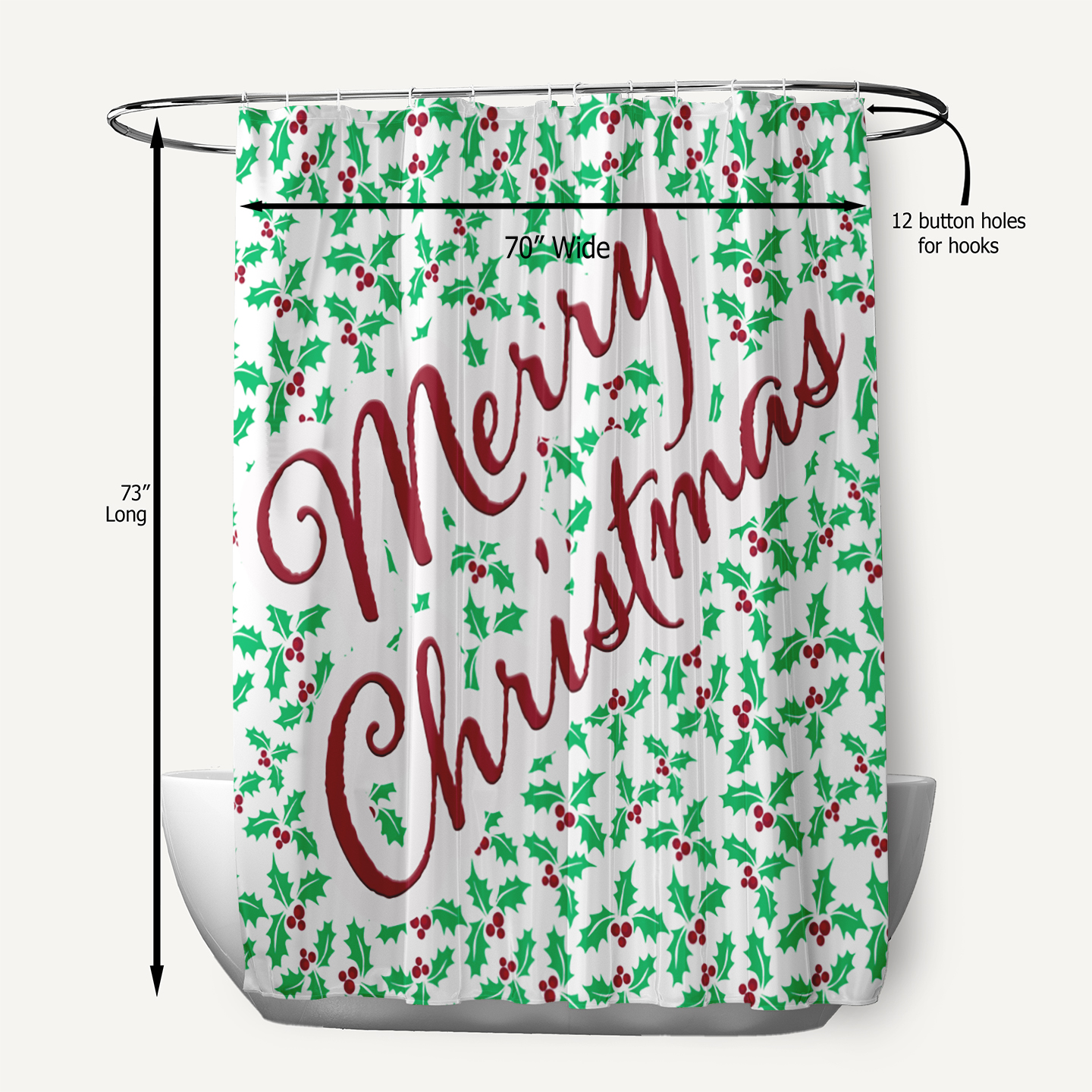 Simply Daisy 70" W x 73" L Merry Christmas with Holly Polyester Shower Curtain, Bright Green [1 Ct]