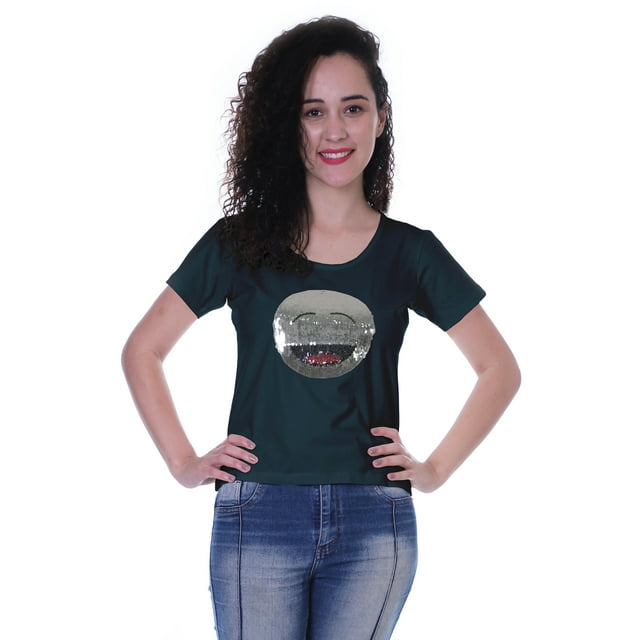 Moomaya T-shirt à Manches Courtes pour Femmes avec Col Rond, Patch à Paillettes, Coupe Décontractée - 3S