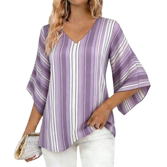 Women Blouses Dressy Casual 3/4 Sleeve Stripe Print Tops Business Work Office V Neck Shirts Spring Summer Outfits