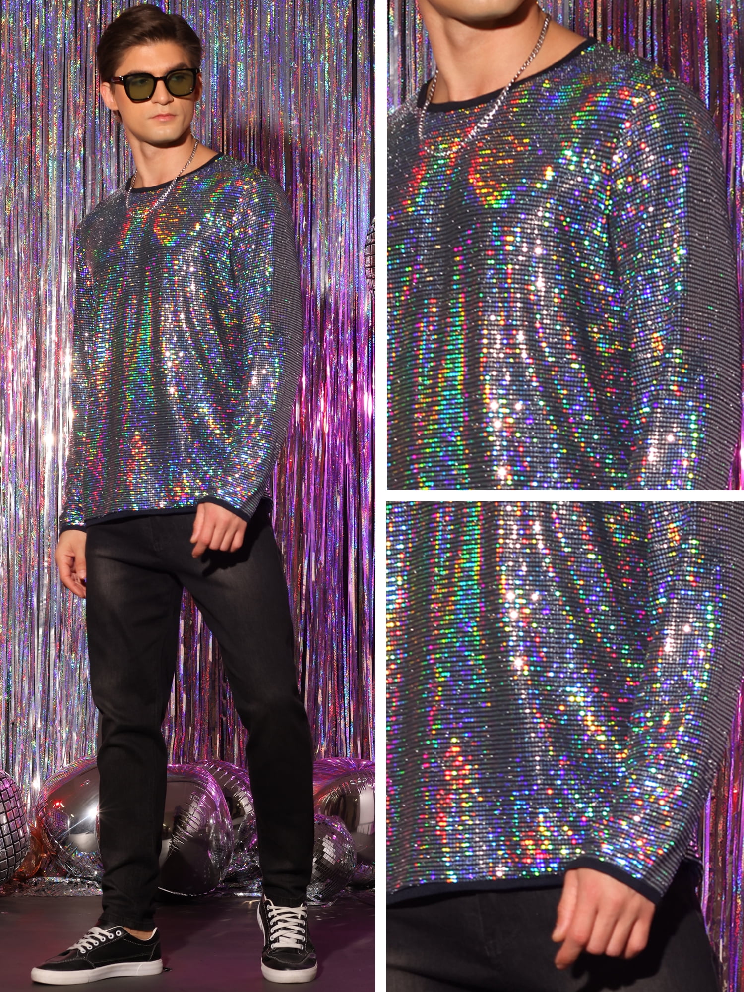 DARING DIVA Men's Sequins Crew Neck Long Sleeves Party Clubwear Sparkly T-Shirt 2XL Silver