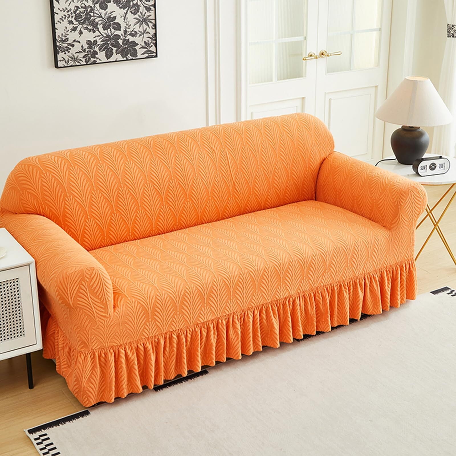 LKJYER Stretch Sofa Couch Slipcover with Skirt, Non-Slip Jacquard Universal Soft Sofa Cover with Elastic Bottom, Pet Proof Washable Breathable Furniture Protector for Living Room,