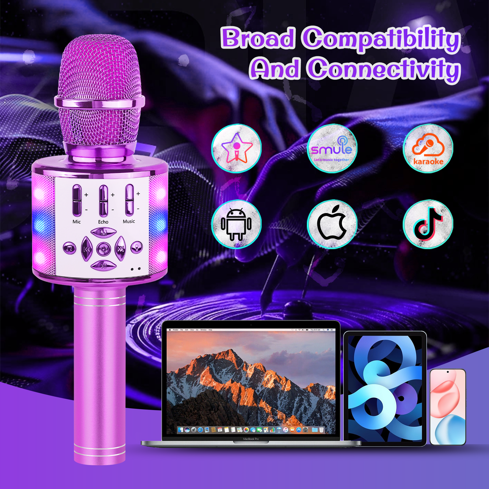 Bonaok Bluetooth Wireless Karaoke Microphone, Portable Handheld Karaoke Machine with LED Lights, Bluetooth Microphone Speaker Singing Gift for Kids Adults(Light Purple)