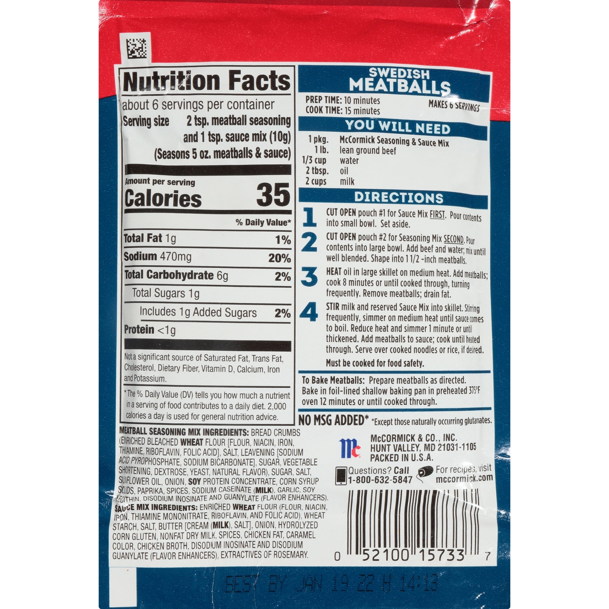 McCormick No Artificial Flavors Swedish Meatball Seasoning and
