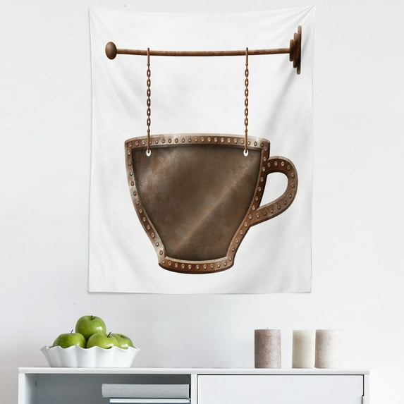 Coffee Tapestry, Old Rusty Cup Hanging Signboard on Chains Grungy Rough Looking Mug Caffeine Drink, Fabric Wall Hanging Decor for Bedroom Living Room Dorm, 5 Sizes, Umber White, by Ambesonne
