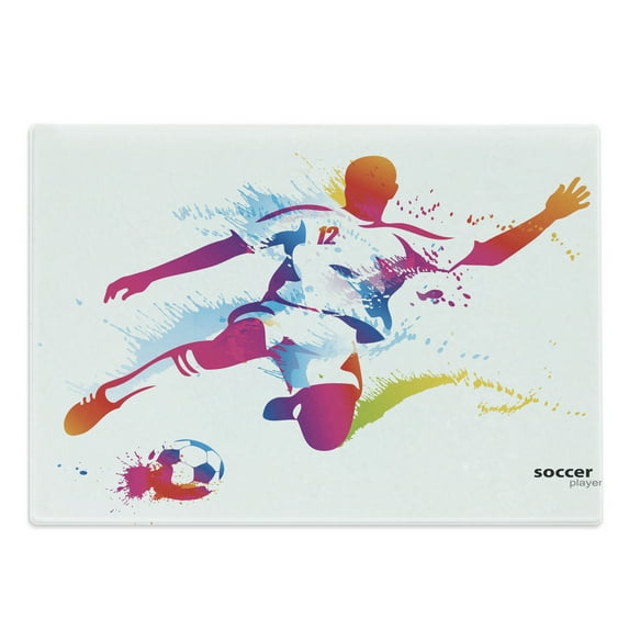 Teen Room Cutting Board, Soccer Proffesional Player Kicks Ball Watercolor Style Spray Championship Image, Decorative Tempered Glass Cutting and Serving Board, Large Size, Multicolor, by Ambesonne