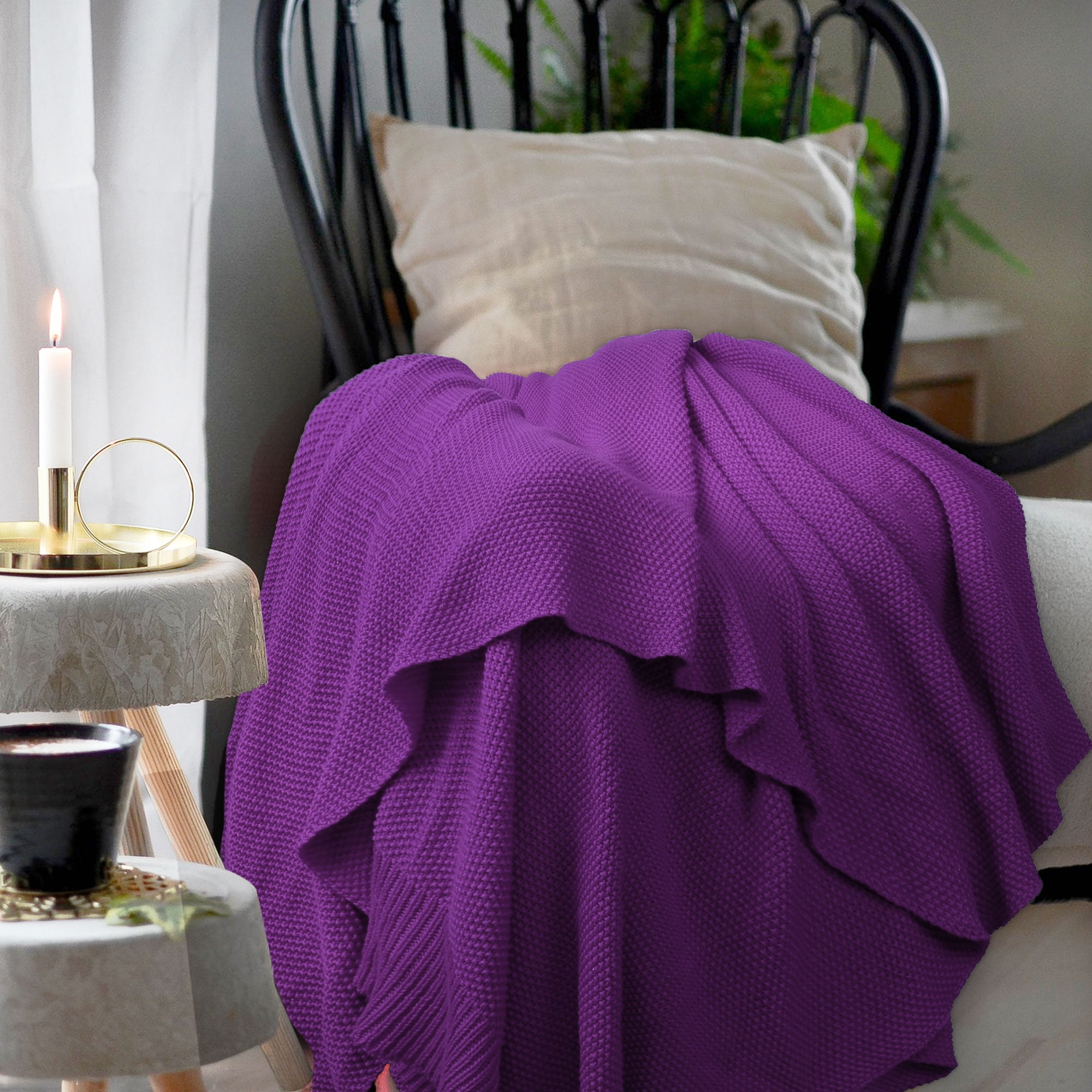 Unique Bargains Pure Cotton Soft Cable Knit Throw Blanket Purple 51" x 59"