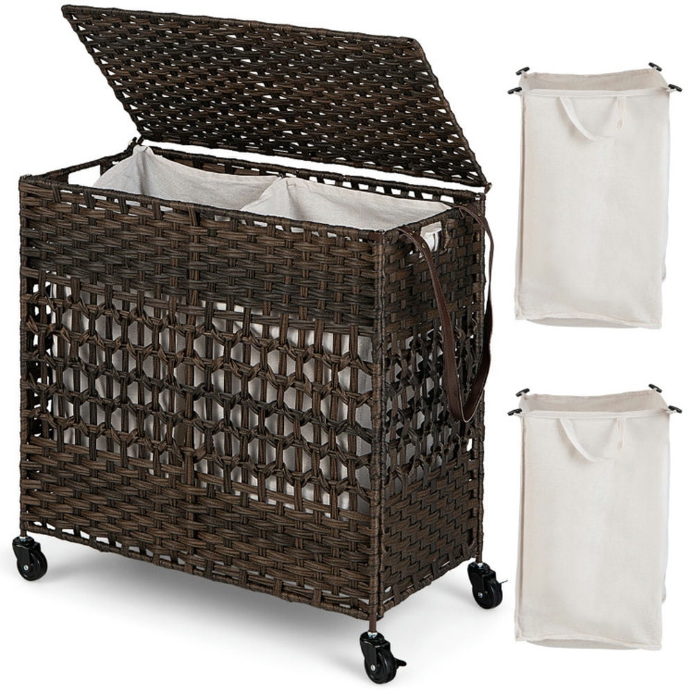 Finihen Laundry Hamper, Laundry Basket, 110L 2-Section Laundry Hamper with 2 Removable and Washable Liner Bags, for Bathroom, Laundry Room, Brown Finihen Laundry Hamper, Laundry Basket, 110L 2-Section Laundry Hamper with 2 Removable and Washable Liner Bags, for Bathroom, Laundry Room, Brown