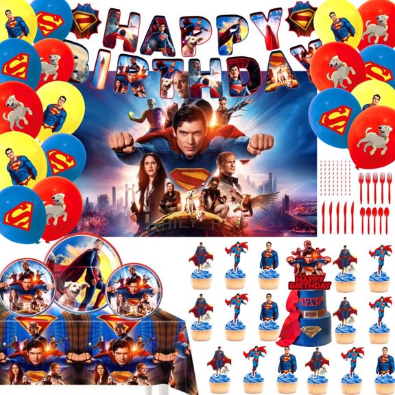 Superhero Birthday Party Decorations, Birthday Party Supplies for Kids, Include Happy Birthday Banner, Background cloth, Tablecloth and More for Boys Girls Theme Party