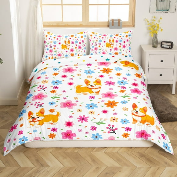 Cartoon Corgi Queen Duvet Cover Chic Floral Bedding Set for Girls Boys, Kawaii Dog Theme Bed Set Pink Flower Comforter Cover, Colorful Polka Dots Reversible Bedspread Cover （No Comforter）
