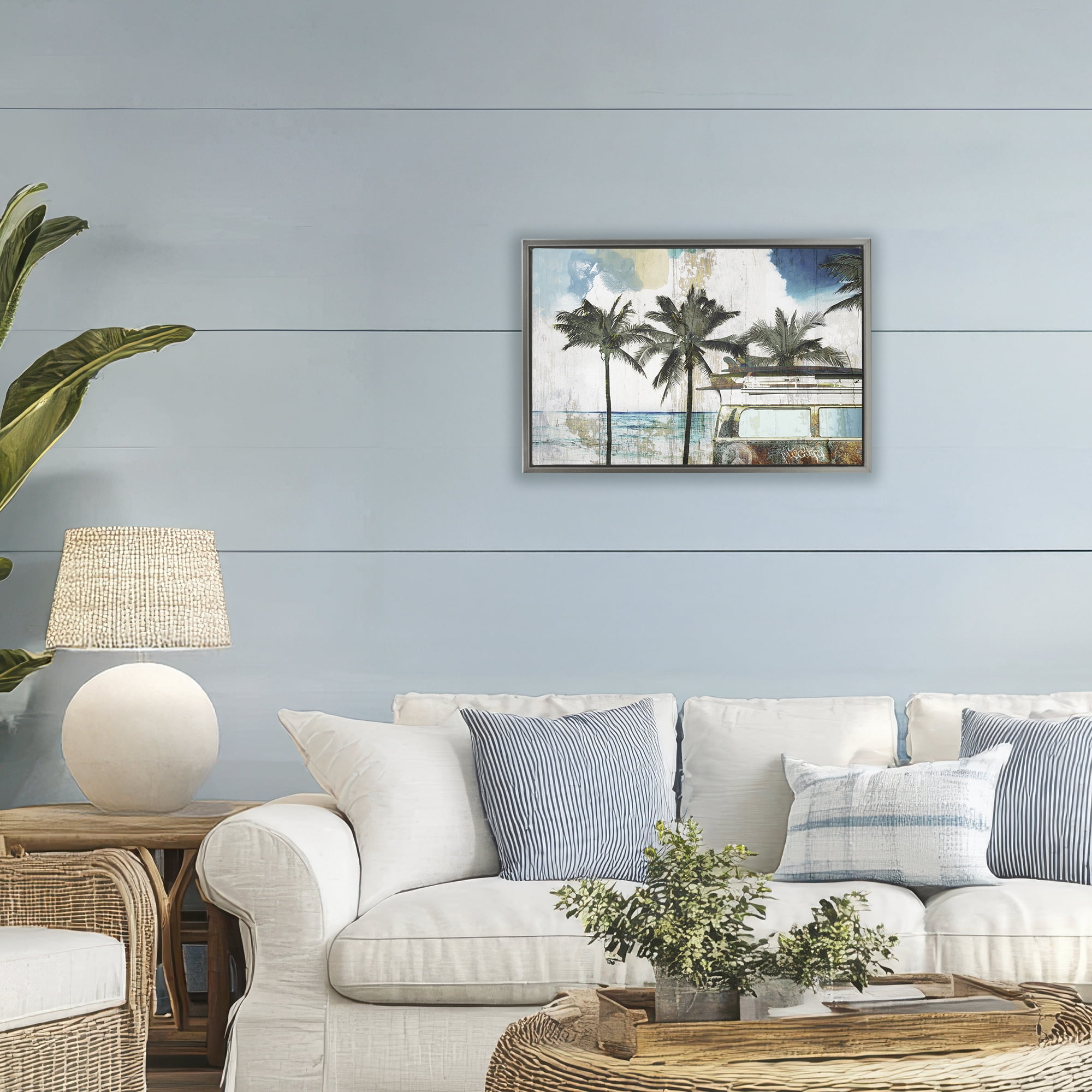 Beach Day Retro Vacation Gray Framed Floater Canvas Wall Art, design by Sasha