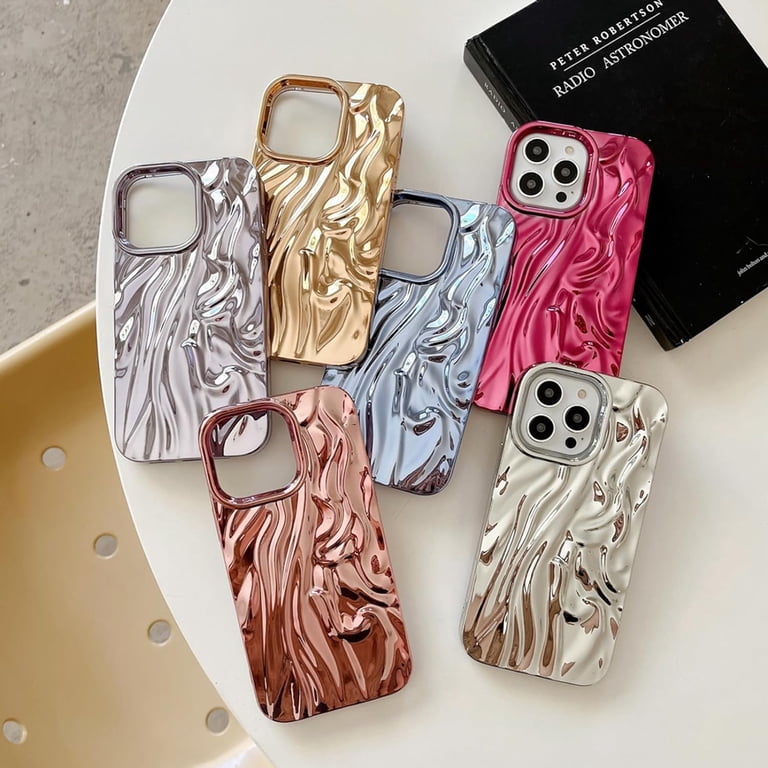 Chrome Case for Women/Girls, 3D Pleated Water Ripple Solid Color Soft Phone  Case Compatible with iPhone 14, Silver