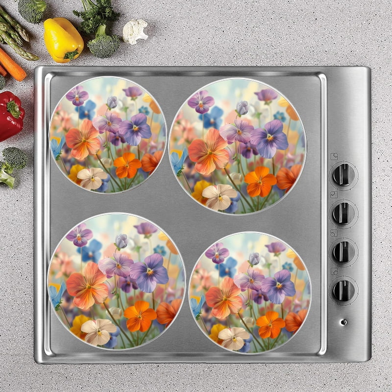 Bahomeck Electric Stove Burner Covers Set Of 4,Beautiful Painting Of Colorful Pansies In The Meadow Metal Gas Stove Burner Covers,Protecting Gas Stoves,8 Inch And 10 Inch