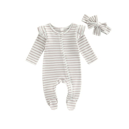 

LisenraIn Baby Girls Romper Suit Long Sleeve Zipper Ruffle Patchwork Casual Party Street Spring Romper Headband