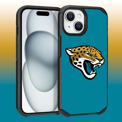 Apple iPhone 15 Plus (6.7) - NFL Licensed Jacksonville Jaguars Team Logo on Green Textured Dual Layer Case