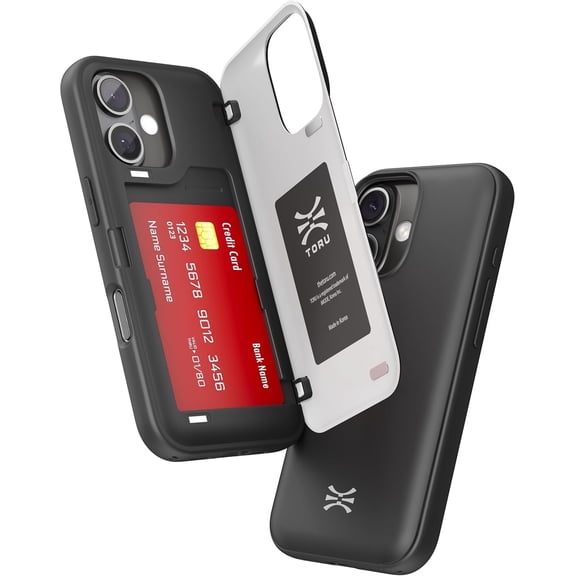 TORU CX HYBRID for iPhone 16 Plus Wallet Case | Dual Layer Slim Protective Hard Cover with Hidden 2-Credit Card Slot Holder - Black