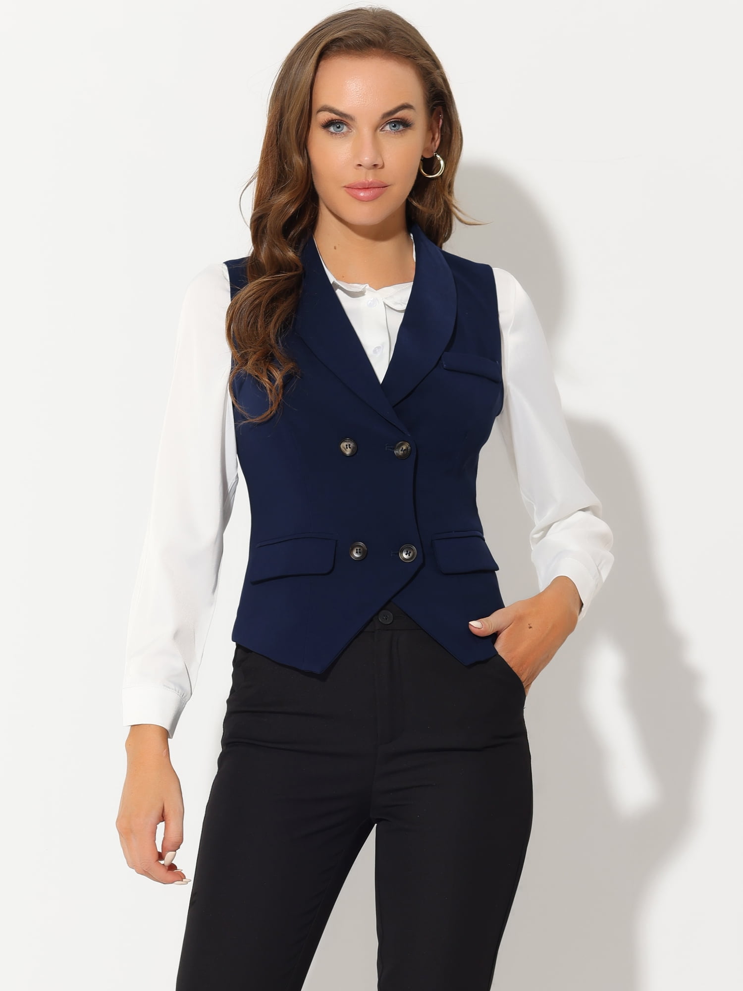 DARING DIVA Women's Waistcoat Double Breasted Shawl Lapel Suit Vest XS Dark Blue