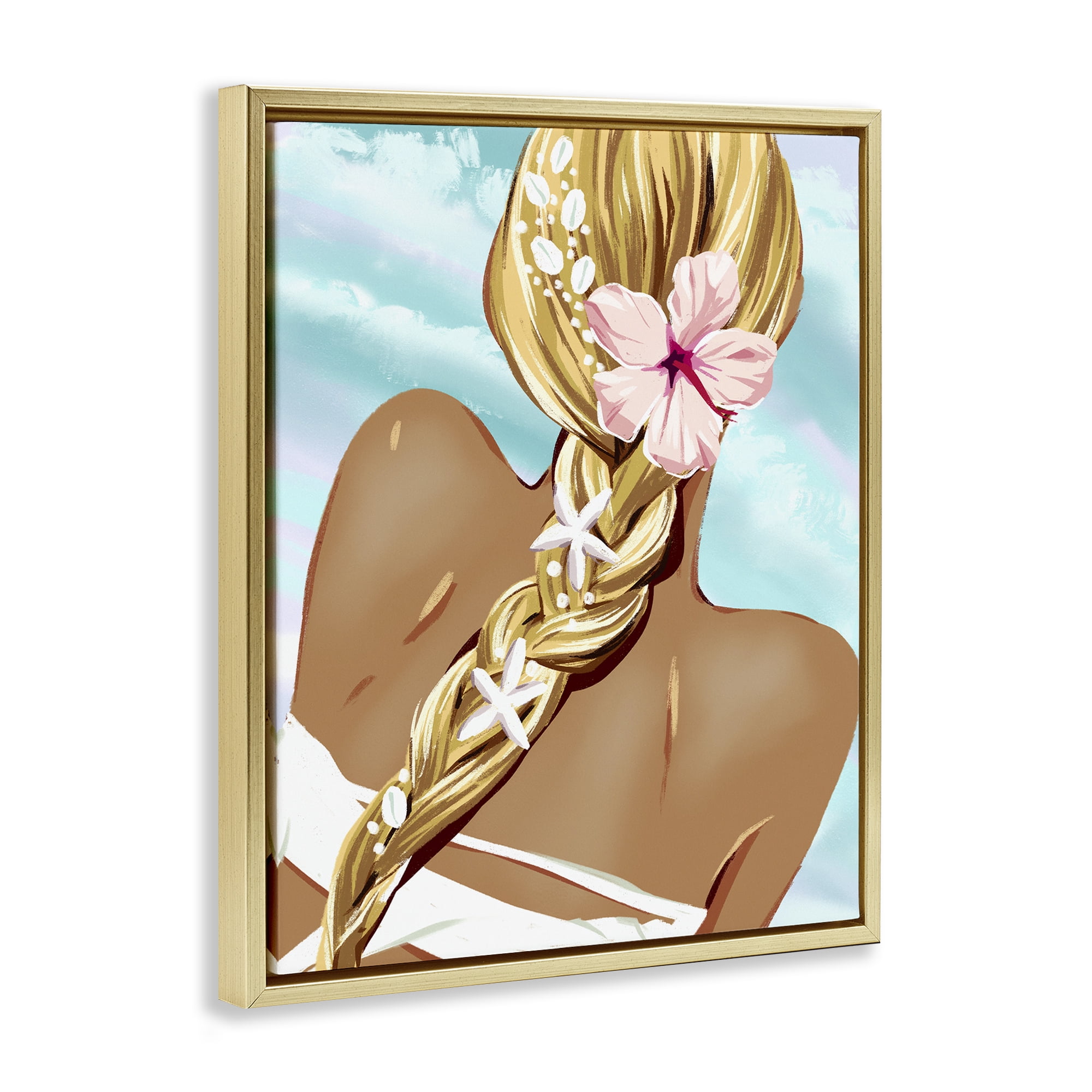 Stupell Industries Beachy Girl with Florals Novelty Painting Gold Floater Framed Art Print Wall Art, 17 x 21