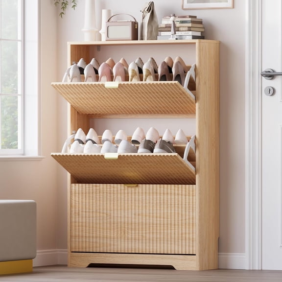 FANRAL Oak Wooden Shoe Storage Cabinet,Flip Drawer Organizer with Open Top
