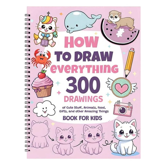 Trendy Tool Kit for Home, How To Draw Everything: 300 Drawings Of Cute Stuff Animals and Other Amazing Things | Book for Kids. A spiral-bound drawing book with a vibrant cover showcasing illustrations of cute animals, food, and objects, such as a unicorn cat, whale, crab, cupcake, and watermelon. The title 'How To Draw Everything: 300 Drawings' is displayed in bold pink and purple text. Designed for kids, the book offers step-by-step instructions for sketching, drawing, and coloring, with dedicated space for freehand experimentation. Ideal for developing creative skills and enhancing artistic expression, this art supply is perfect for young artists.
