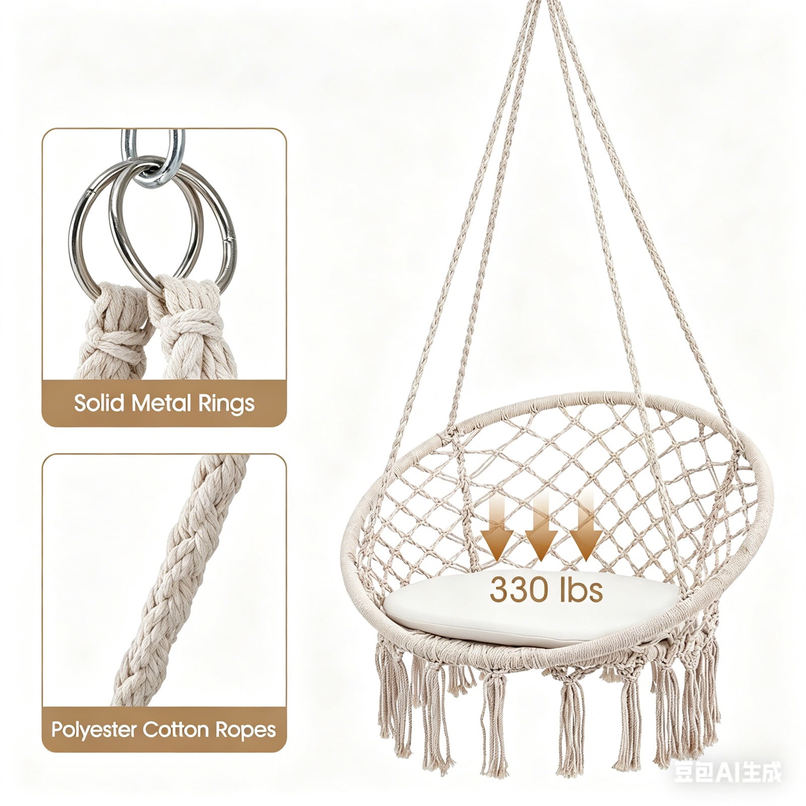 Hommoo Macrame Swing Chair Hammock Chair with Round Cushion Seat, Handmade Knitted Relax Hanging Cotton Rope Chair for Home, Beige