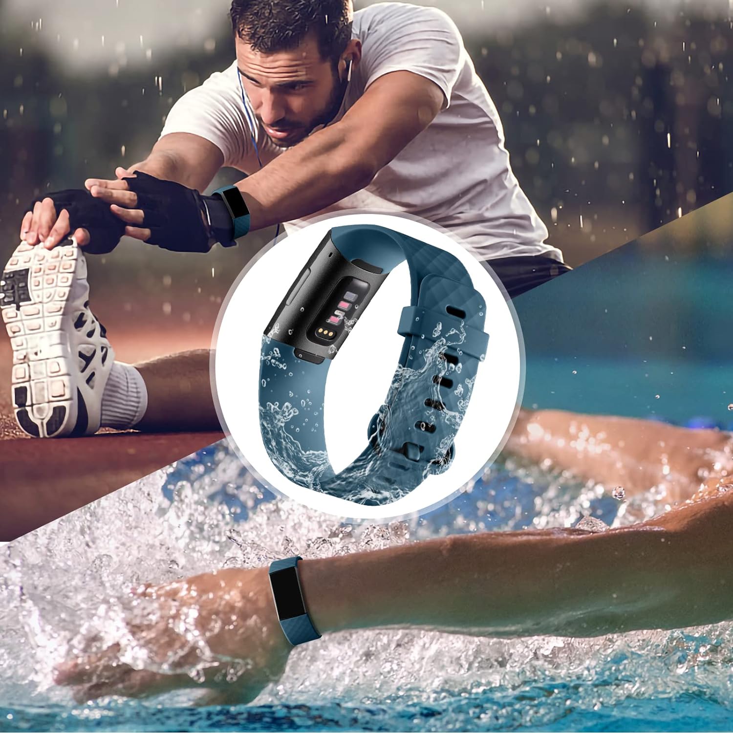 Wepro Waterproof Bands Compatible with Fitbit Charge 4 / Charge 3 / Charge 3 SE for Women Men, 3-Pack, Small, Large/Black/Navy Blue/Blue Gray